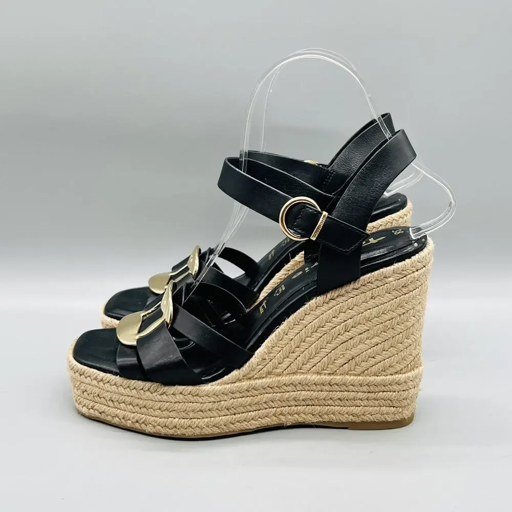 Tamaris Sandals Womens 7 Black Leather Espadrille Wedge Ankle Strap Casual Shoes